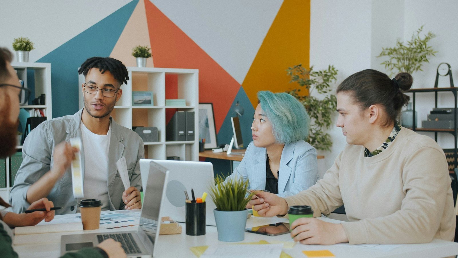 A start-up team at work in a bright office
