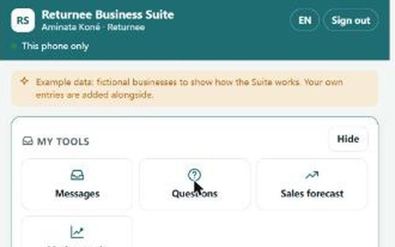 Returnee Business Suite screen